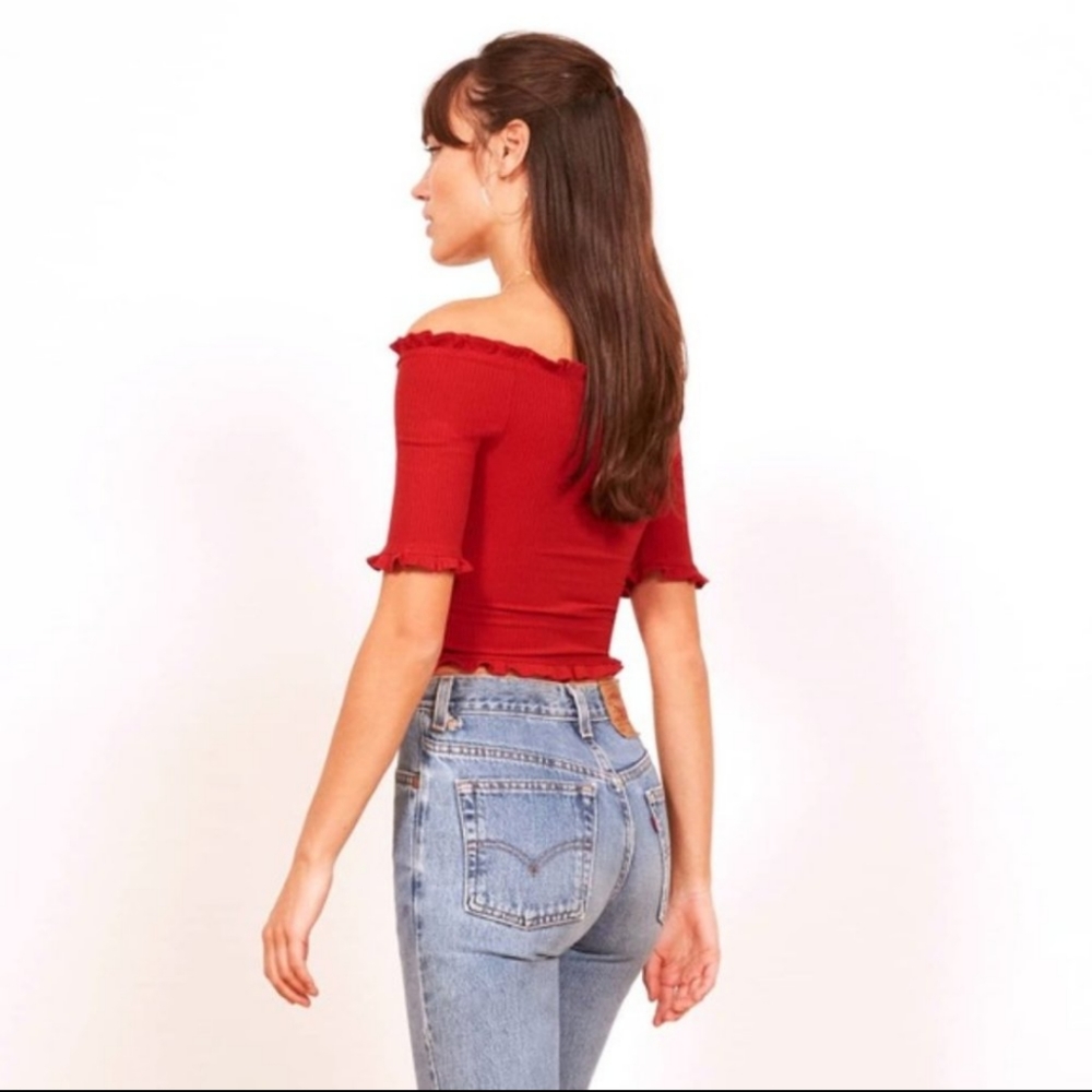 Reformation Red Off-Shoulder Ribbed Crop Top - Picture 2 of 6